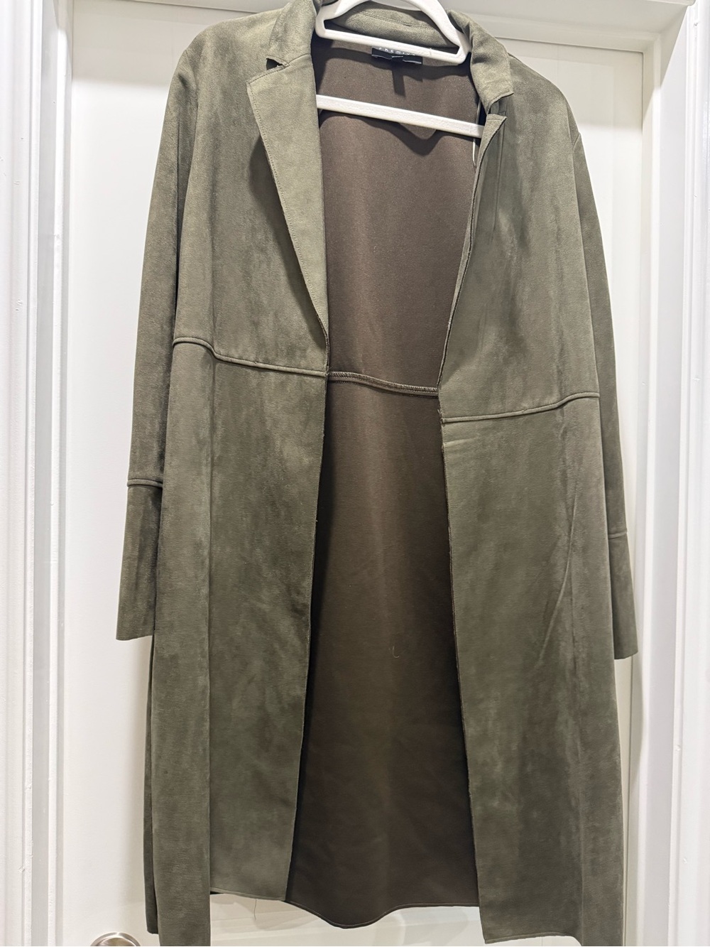 Premise Olive Green Suede-Look Open Front Trench Coat